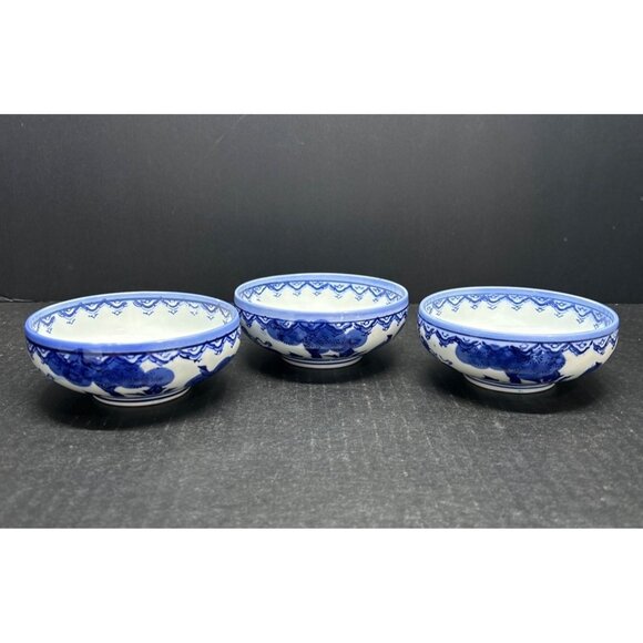 Vtg Asian Children Themed Porcelain Rice Bowl Blue White 4 1/2"Round Set 3 - Picture 1 of 8